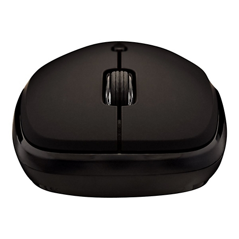 Souris noire sans fil. Deux boutons de souris, une molette de dÃ©filement et un logo sur le dessus.