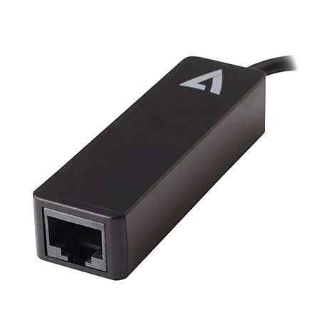 Schwarzer Netzwerkadapter mit RJ45-Anschluss und Kabel. Oben ein weiÃŸes Logo.