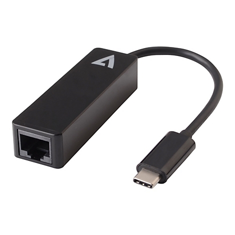 Schwarzer USB-C-Ethernet-Adapter, mit Ethernet-Buchse, Typ-C-Anschluss und Markenlogo.
