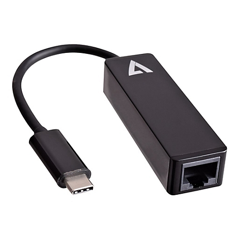 Schwarzer Adapter mit USB-C-Anschluss und Ethernet-Buchse. Oben links befindet sich ein Kabel.