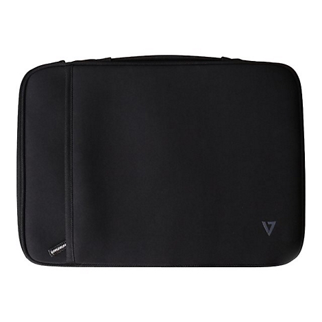Schwarze Laptoptasche, rechteckig, mit Tragegriff. Auf der Vorderseite ein Logo. Auf der Seite ein Label.