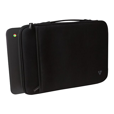 Schwarze Laptoptasche mit einem Chromebook, das teilweise sichtbar ist. Auf der Tasche ist ein V-Logo.