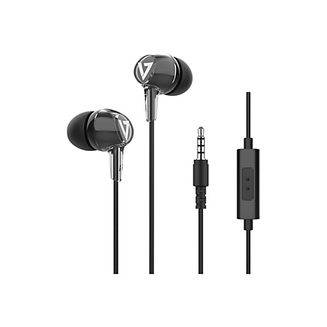 Schwarze In-Ear-Kopfhörer mit silbernen Details und Logo, Mikrofon und Klinkenstecker.