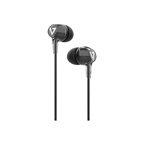 Zwei schwarze In-Ear-Kopfhörer mit transparentem Gehäuse und V-Logo. Auf weißem Hintergrund.