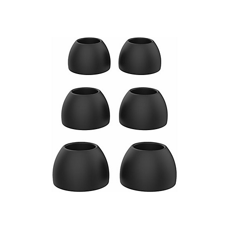 Sechs schwarze Ohrstöpsel liegen vor weißem Hintergrund. Jedes hat eine runde Form mit einer Öffnung.