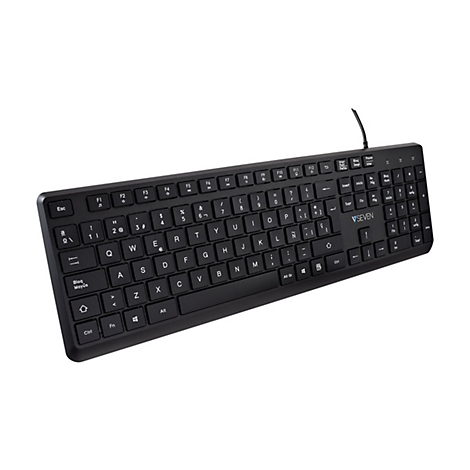 Schwarze Computertastatur mit weißen Buchstaben und Zahlen, Kabelanschluss.