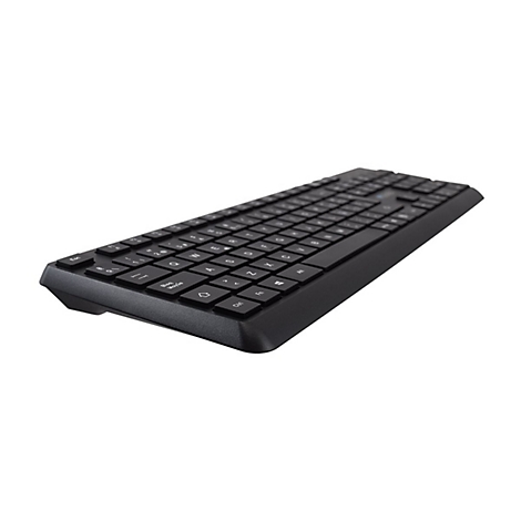 Clavier noir photographié en biais par le haut. Les touches sont marquées de lettres blanches.
