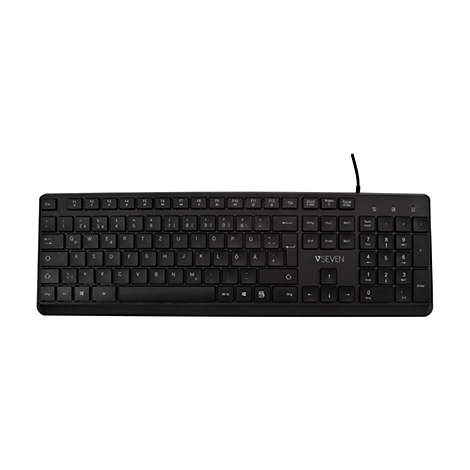 Clavier noir V-Seven, vue de dessus. Des lettres, des chiffres et des caractères spéciaux sont visibles sur les touches. Le câble est orienté vers le haut.
