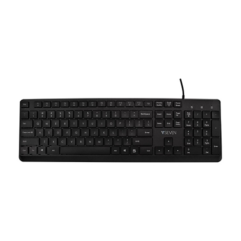 Schwarze Tastatur mit weißen Buchstaben und Zahlen, Kabel oben. Das Layout ist Standard mit Ziffernblock.