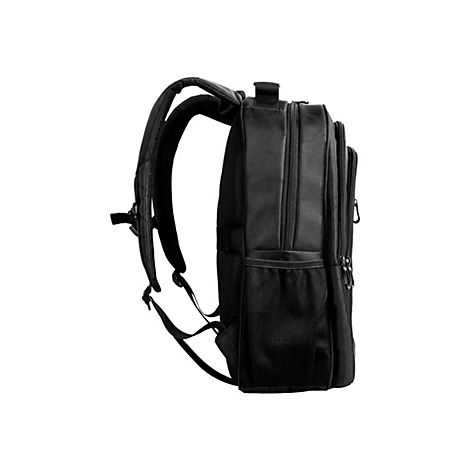 Schwarzer Rucksack im Profil, zeigt Reißverschlüsse und Träger.