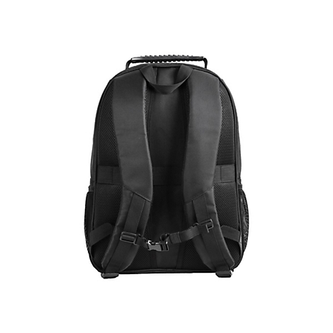 Schwarzer Rucksack von hinten, mit Tragegriff und gepolsterten Schultergurten.