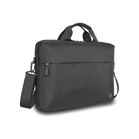 Schwarze Laptoptasche mit Tragegriff und Schultergurt. Auf der Tasche ist das Logo 'V' zu sehen.
