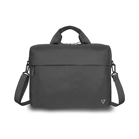 Dunkelgraue Laptoptasche mit Trage- und Schulterriemen, V-Logo.