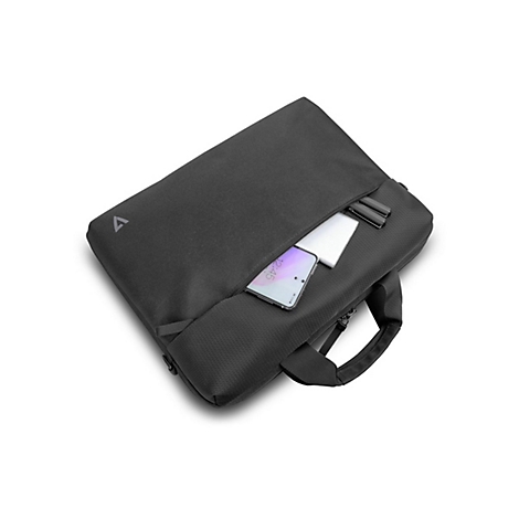 Schwarze Laptoptasche mit offenem Reißverschluss, in der ein Handy und ein Tablet stecken. Auf dem Handy ist die Uhrzeit 12:45 zu sehen.