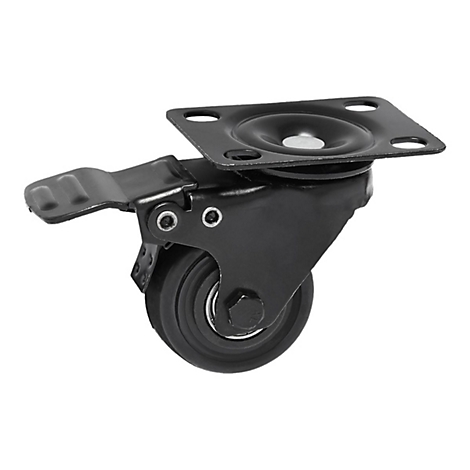 Schwarze Möbelrolle mit Platte und Bremse, Detailaufnahme auf weißem Hintergrund.