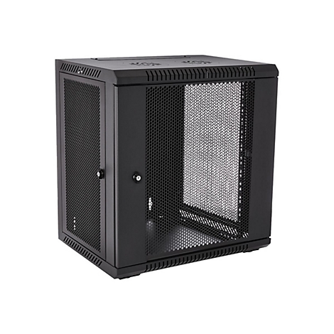 Schwarzer Serverschrank mit Gittertüren, Details: Belüftungsschlitze, abschließbar.