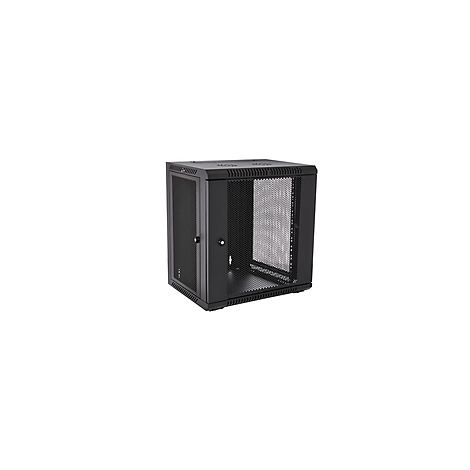 Schwarzer Netzwerk-Wandschrank mit gelochter Fronttür, offenem Gitter-Rückenteil und zwei abschließbaren Türen.