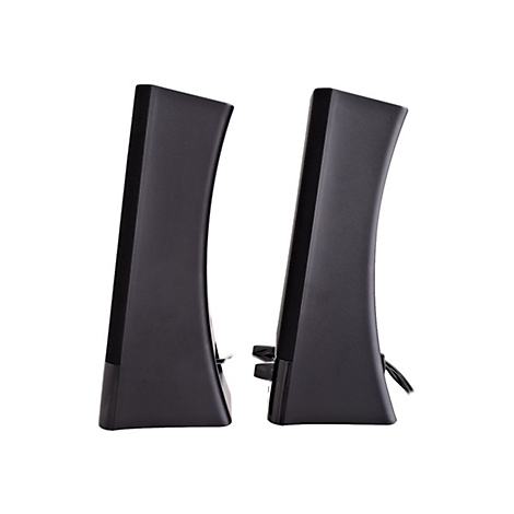 Zwei schwarze, gebogene Lautsprecher vor weißem Hintergrund. Der linke hat einen schwarzen, rechteckigen Stoffstreifen.