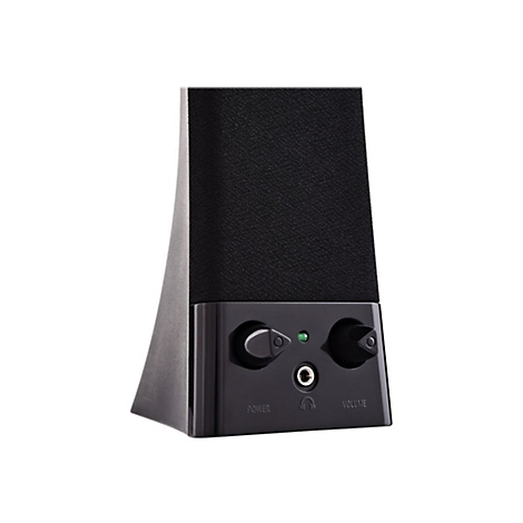 Schwarzer Lautsprecher, Frontansicht, mit Reglern für Power und Lautstärke. Text "POWER" und "VOLUME".