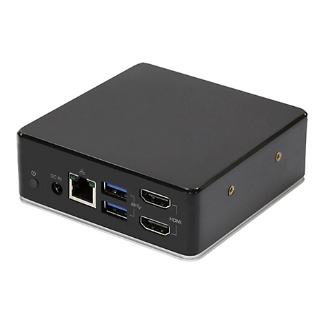Ein schwarzer Mini-PC mit AnschlÃ¼ssen fÃ¼r Strom, Netzwerk und HDMI, vor weiÃŸem Hintergrund.
