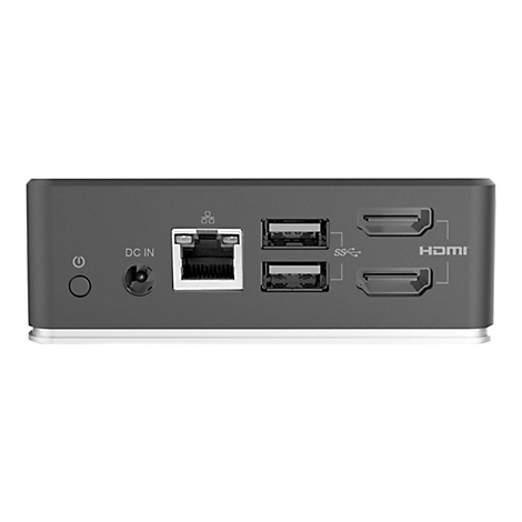 RÃ¼ckansicht eines Mini-PCs mit AnschlÃ¼ssen fÃ¼r HDMI, USB und Ethernet.