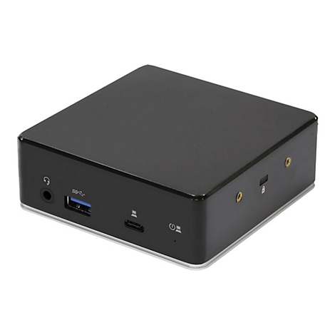 Schwarzer Mini-PC mit silbernen Akzenten und AnschlÃ¼ssen. Auf der Vorderseite befinden sich USB-, Audio- und StromanschlÃ¼sse. Oben flache OberflÃ¤che.