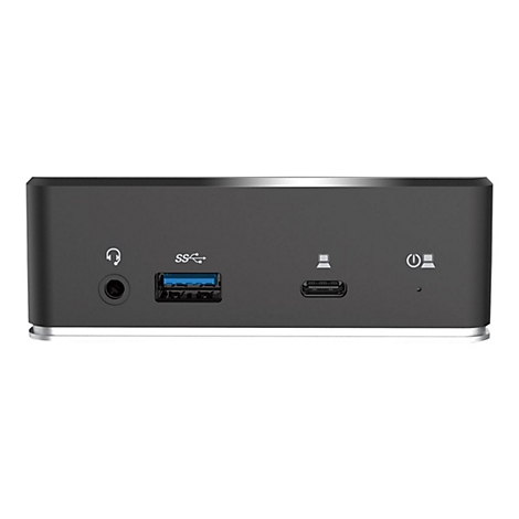 Dunkelgrauer Mini-Computer mit AnschlÃ¼ssen fÃ¼r KopfhÃ¶rer, USB, Strom und Display. Auf weiÃŸem Grund.