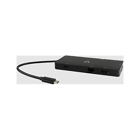 Hub USB-C noir avec cÃ¢ble connectÃ©. Ports: HDMI, USB, Ethernet.