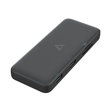 Dunkelgrauer USB-C-Hub, rechteckig mit abgerundeten Kanten. Auf der Oberseite ein Logo. Seitlich USB-Anschlüsse und Kartenleser.