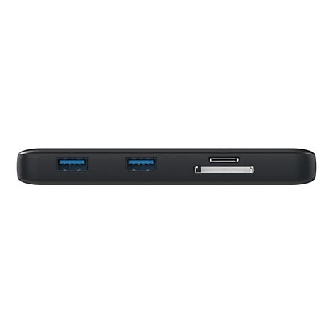 Schwarzer USB-Hub mit blauen USB-Anschlüssen und weiteren Anschlüssen vor weißem Hintergrund.