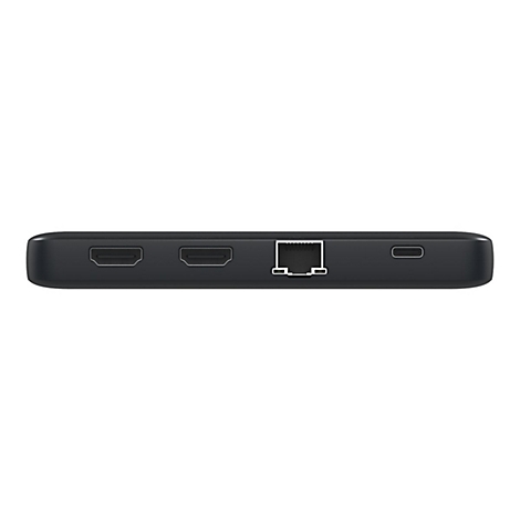 Schwarzes Gerät mit HDMI-Anschlüssen, Ethernet-Anschluss und USB-C-Anschluss. Es ist vor weißem Hintergrund abgebildet.