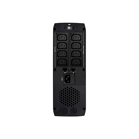 Schwarze USV-RÃ¼ckseite mit Steckdosen, USB-Anschluss und LÃ¼ftungsgittern.