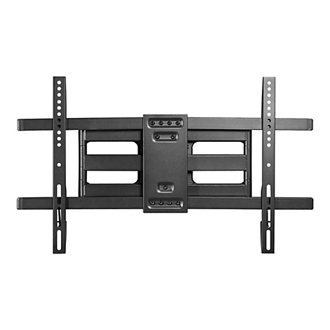 Schwarze TV-Wandhalterung, Frontansicht. Sie besteht aus mehreren Halterungen und Schrauben. Weißer Hintergrund.