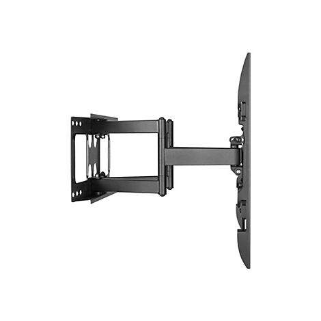 Schwarze TV-Wandhalterung, seitliche Ansicht, Arme und Halterungen für Bildschirm.