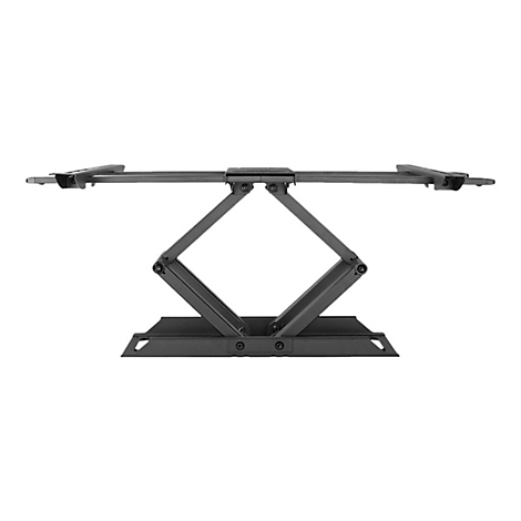 Schwarze TV-Wandhalterung, aus Metall, mit Scherenmechanismus. Auf weißem Hintergrund.