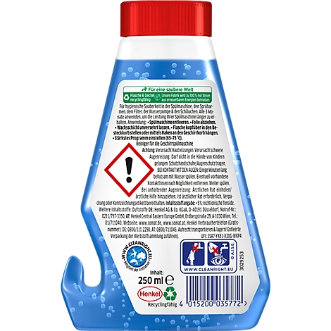 Achterkant van een blauwe reinigingsfles met een rode dop. Opschrift en waarschuwingen, een recyclingsymbool en de tekst "250 ml e" zijn te zien.