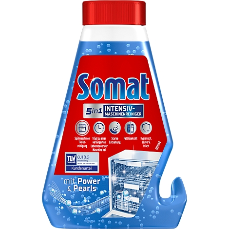 Somat vaatwasser reinigerfles. Rode dop, blauwe achtergrond. Gedrukt: Somat 5in1 Intensieve Machine Reiniger.
