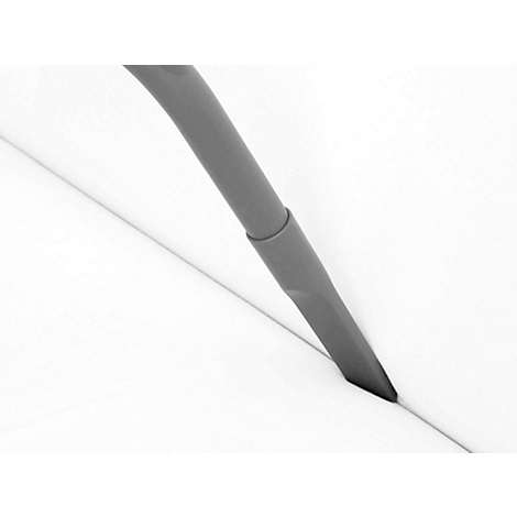 Gray nozzle tube in a corner on a white surface. The hose is angled.