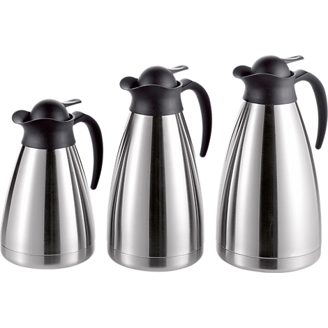 Three different sized stainless steel thermos flasks with black lids and handles.