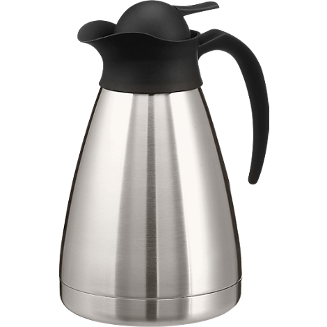Stainless steel thermos with black lid and handle.