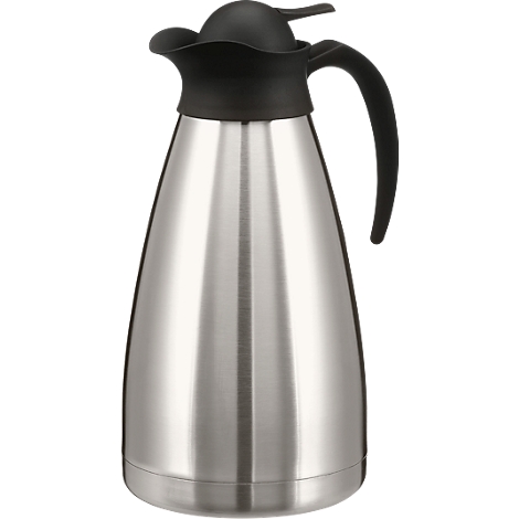 Stainless steel thermal jug, with black lid and handle.