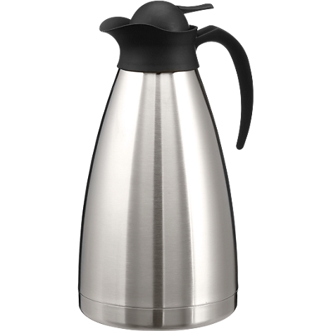 Silver thermos with a black lid and handle.