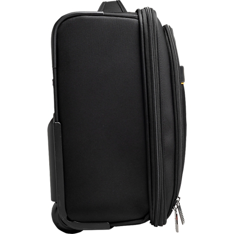 Valise noire de profil. Fermeture éclair, roues visibles.