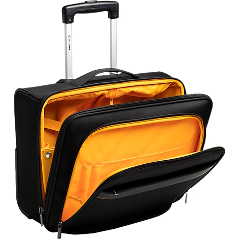Valise à roulettes noire, ouverte, avec intérieur jaune et poignée extensible.