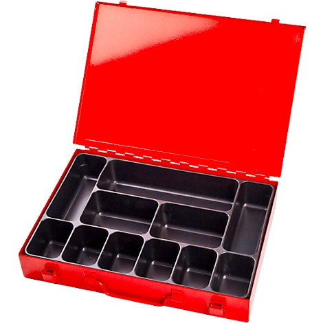 Boîte à outils rouge ouverte avec compartiments internes.
