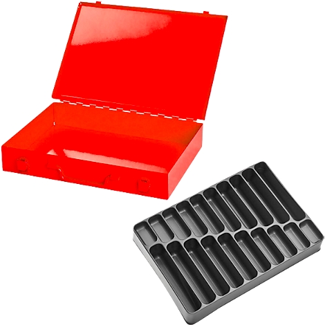 Boîte à outils rouge ouverte avec insert noir.