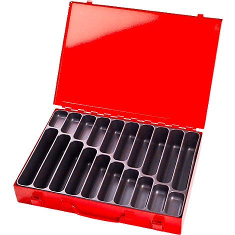 Boîte à outils rouge ouverte avec 21 compartiments. Compartiments noirs avec boîte rouge, poignée et couvercle. Vide.