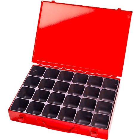 Boîte à outils rouge avec couvercle ouvert, remplie de compartiments carrés.