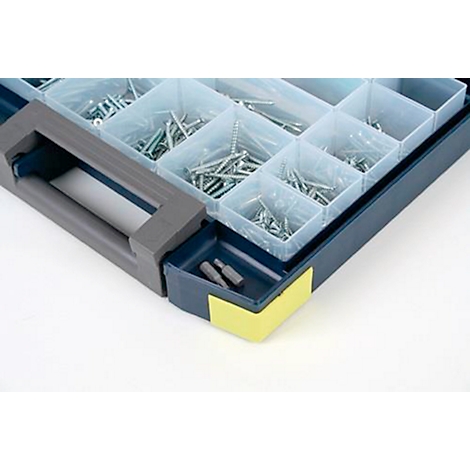 Gros plan d'une boîte de tri bleue avec des vis. La poignée et le cadre sont gris, les tiroirs transparents.