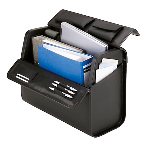 Mallette noire avec couvercle ouvert, remplie de dossiers, d'un ordinateur portable et de stylos.